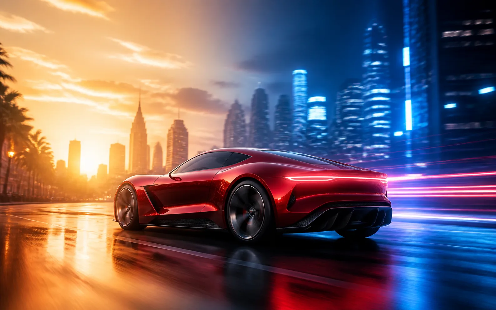 A red concept car moving from a sunset city into a blue night city