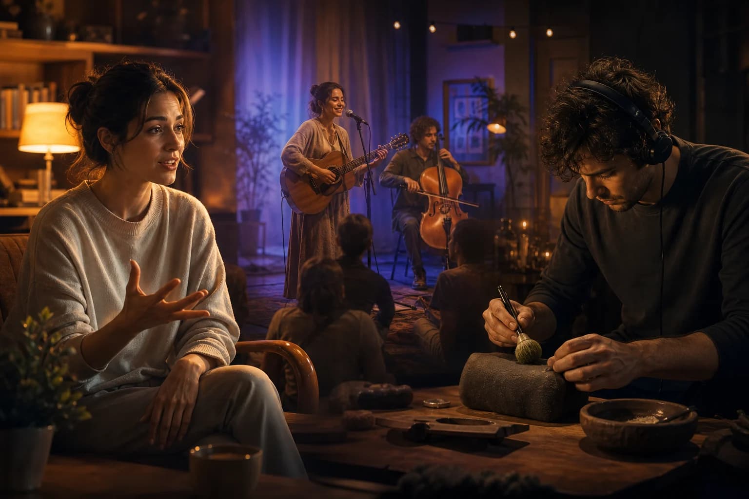 A speaking performer, live musicians, and a foley artist creating synchronized sound for a Wan 3.0 story