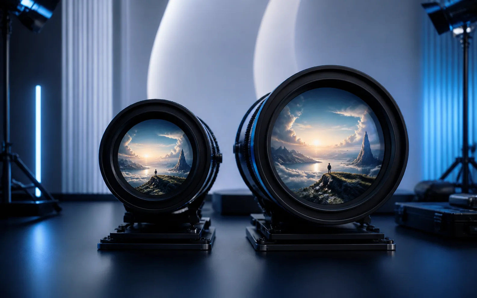 Two premium cinema lenses presenting the same landscape at different scales