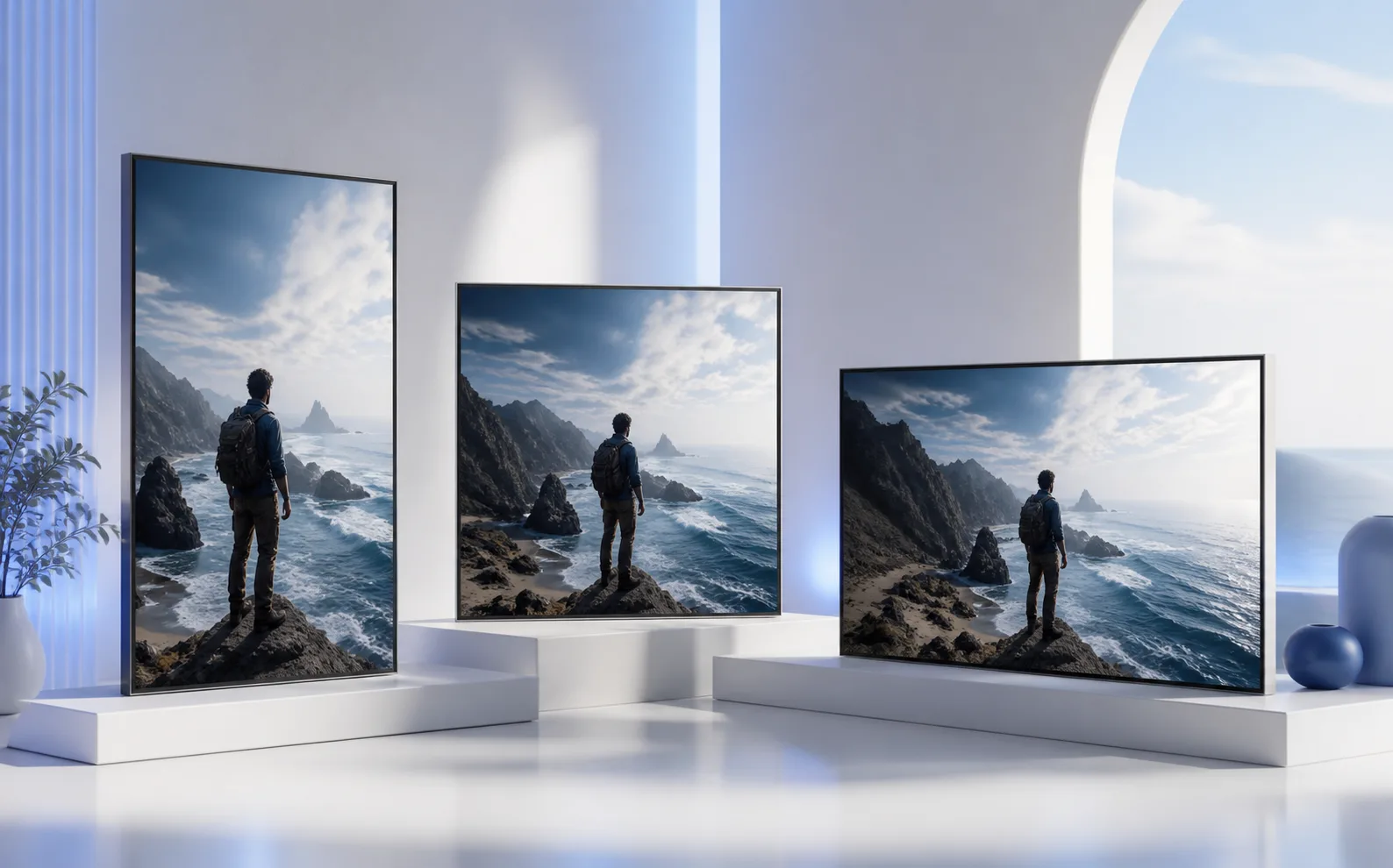 The same coastal scene displayed in portrait, square, and landscape frames