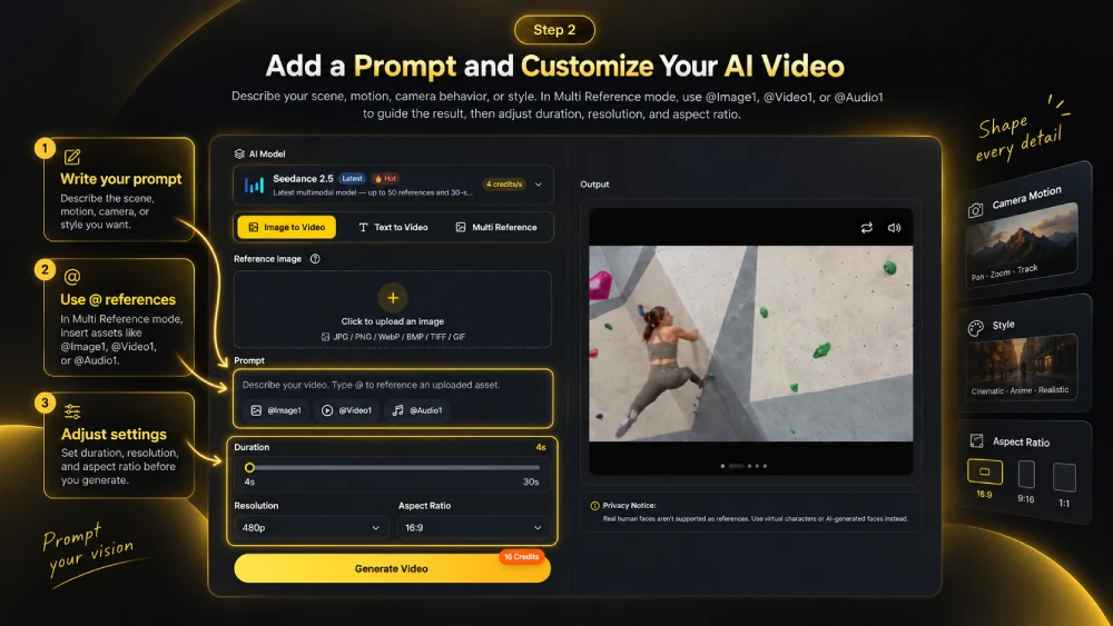 SeedGen interface showing prompt, reference, duration, resolution, and aspect ratio settings