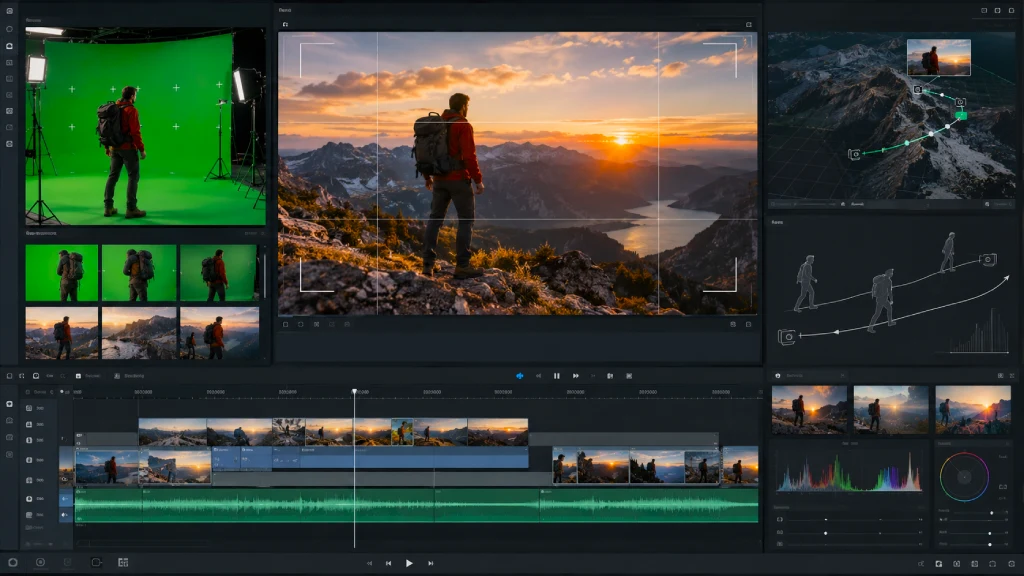 Video production workspace showing green screen, camera framing, and editing controls