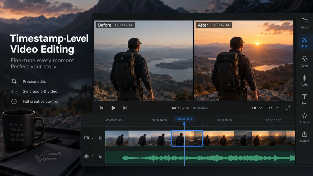 Before and after video frames with a selected timestamp on an editing timeline