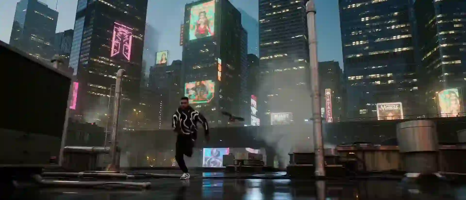 Character running across a neon-lit futuristic city rooftop