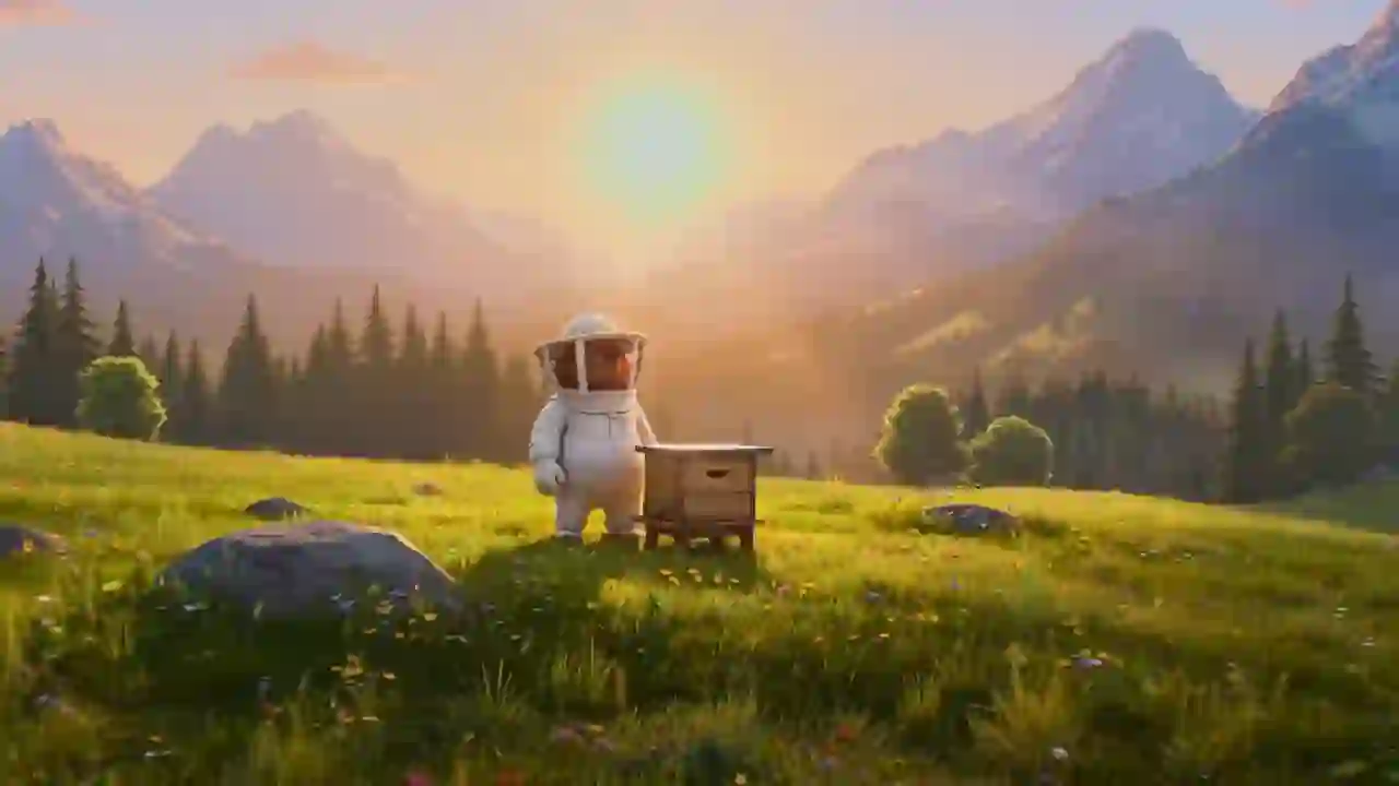 Astronaut standing beside a small robot in a mountain meadow